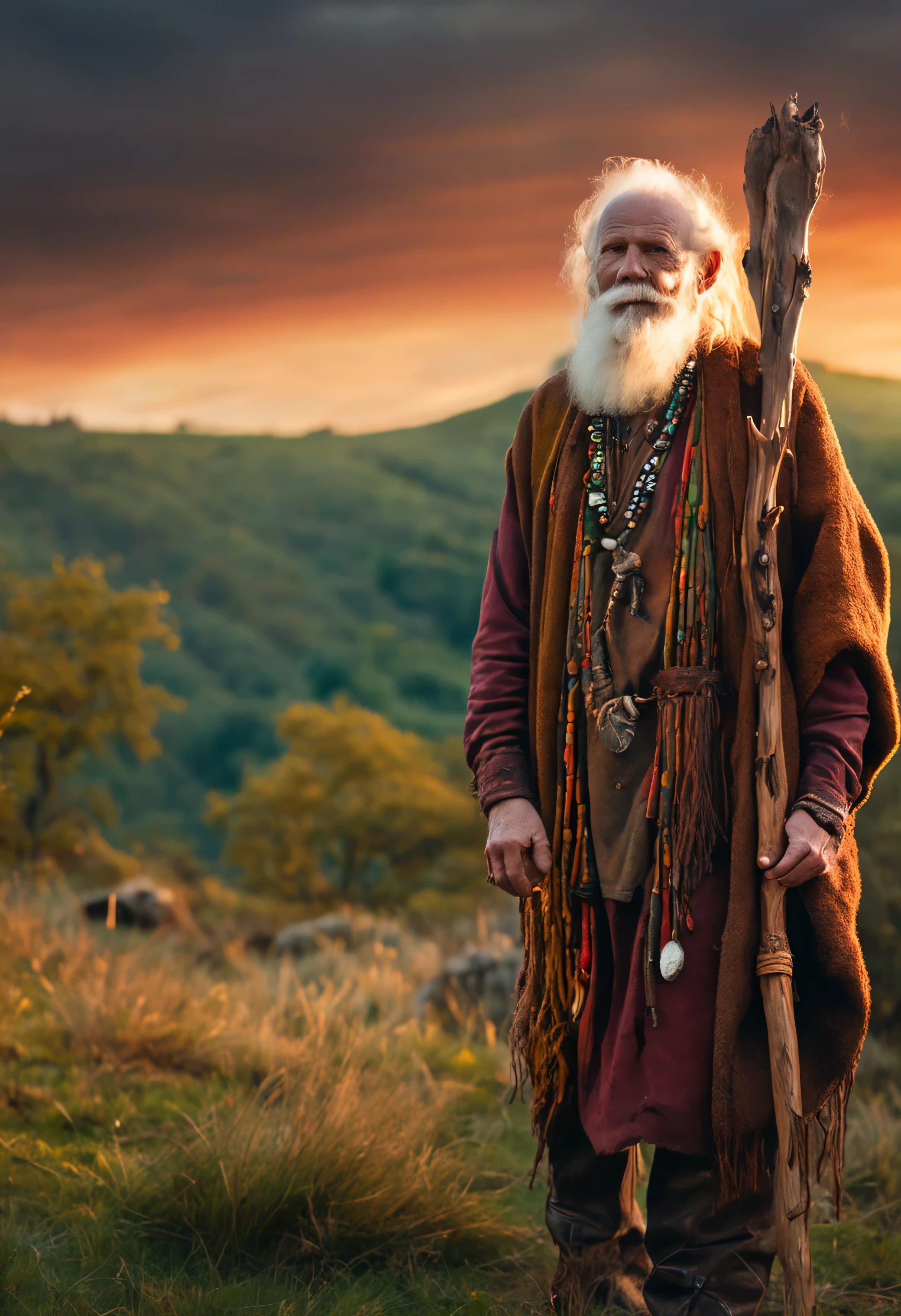 Full length portrait, elderly and strong celtic druid. rich woodland beads and leather bound jewelry with a gnarled and intricately carved staff. realistic facial features. national geographic composition. sunset and fire lighting, amongst a small village in thick woods. a touch of vibrant colour to his garbs woven in