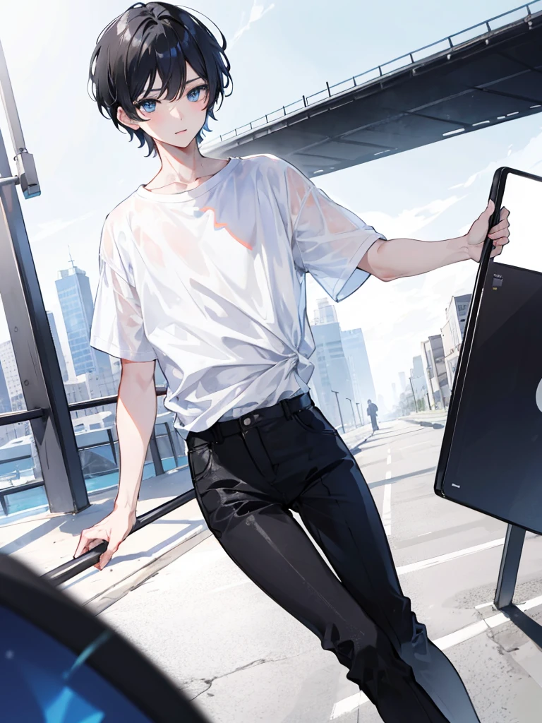 1 boy, short black hair, blue eyes, wearing plain white shirt, black pants, city, absurdres, high res, ultrasharp, 8K, masterpiece, looking at viewer