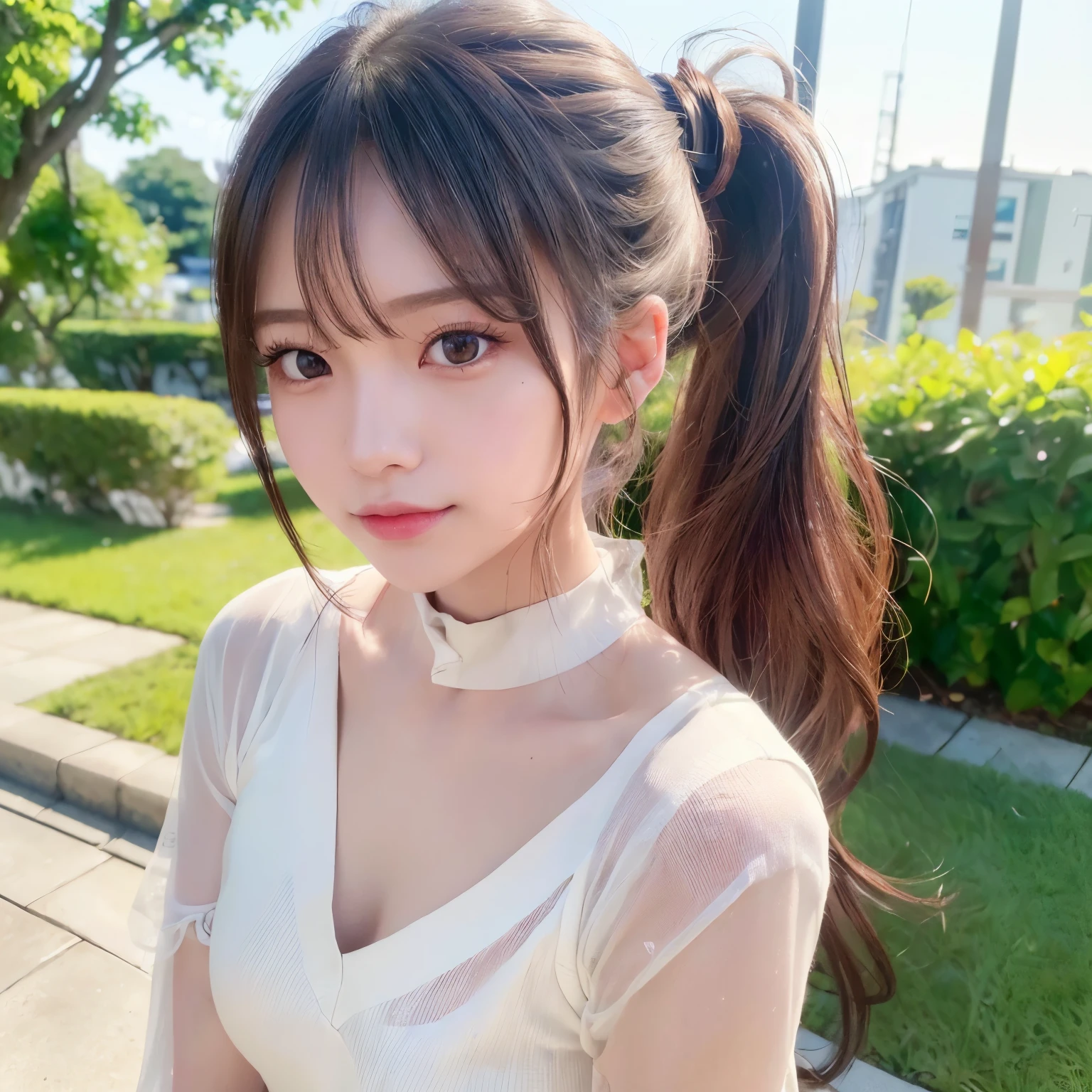 One piece with collar,outdoors,Urban Park,On the lawn,Ultra-detailed, finely detail, hight resolution, 8K Wallpaper, Perfect dynamic composition, Beautiful detailed eyes,Outdoor,Close-up of face,Outdoor,Blushing,Facing forward,,Long hair ponytail,((8k, Raw photo, Best Quality, Mastepiece:1.2), (Realism, Photorealistic:1.4), (Highly detailed 8K wallpapers), Depth of written boundary, Cinematic Lighting, Soft Light, Detailed Beauty Eye,Shiny and smooth light brown ponytail, Asymmetrical bangs, Shiny skin, Ultra-detailed skins ,It is high resolution., High detail, Detailed hairstyle, Detailed facial beauty, Hyper-realistic, Perfect limbs, Perfect Anatomy ,1 Japanese girl,Famous Japanese Idols, Perfect female body,A shy smile,Short eyelashes,Double-edged eyelids,Look straight here,Hair style: ponytail,カフェテラス