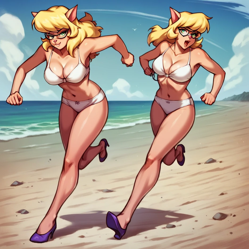 2girls, clones, Callie Briggs, detailed, detailed fur, white bra, legs, purple heels, blonde hair, eyes open, beach, glasses, bottomless, white tops, thicc thighs, running, private, putting bottoms on, white bikinis