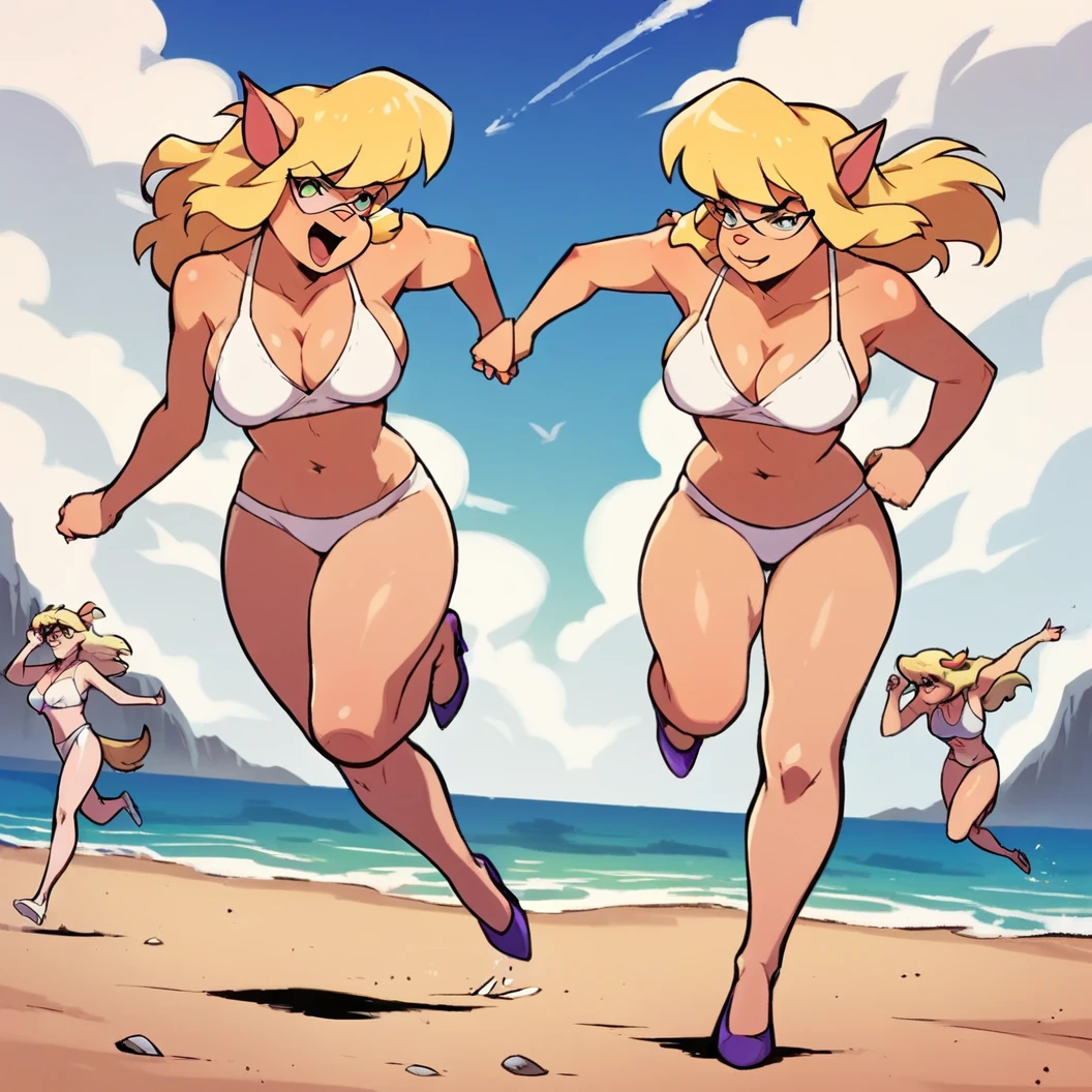 2girls, clones, Callie Briggs, detailed, detailed fur, white bra, legs, purple heels, blonde hair, eyes open, beach, glasses, bottomless, white tops, thicc thighs, running, private, putting bottoms on, white bikinis