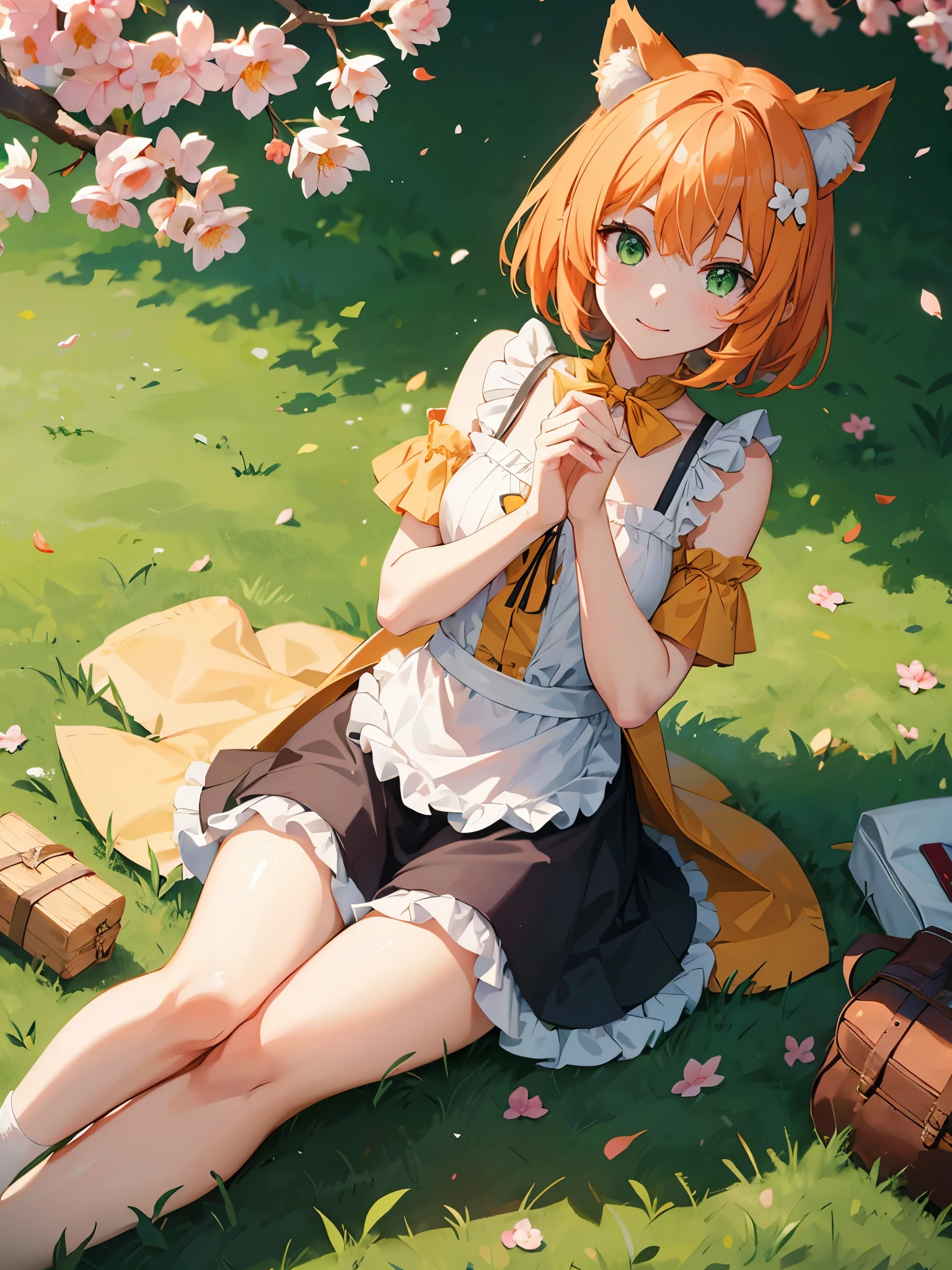 1 girl, neko mimi, li, anime neko mimi orange short hair girl sitting in grass wearing maid outfit, eagle eye perspective, girl looking up with lovely shining green emerald eyes, cutest smile, outdoor background, floating sakura leaves, girl picnicking under sakura tree, cinematic lighting, extremely detailed fingers, body, face, clothes, picnic set props, ultra HD, masterpiece, very very anime style