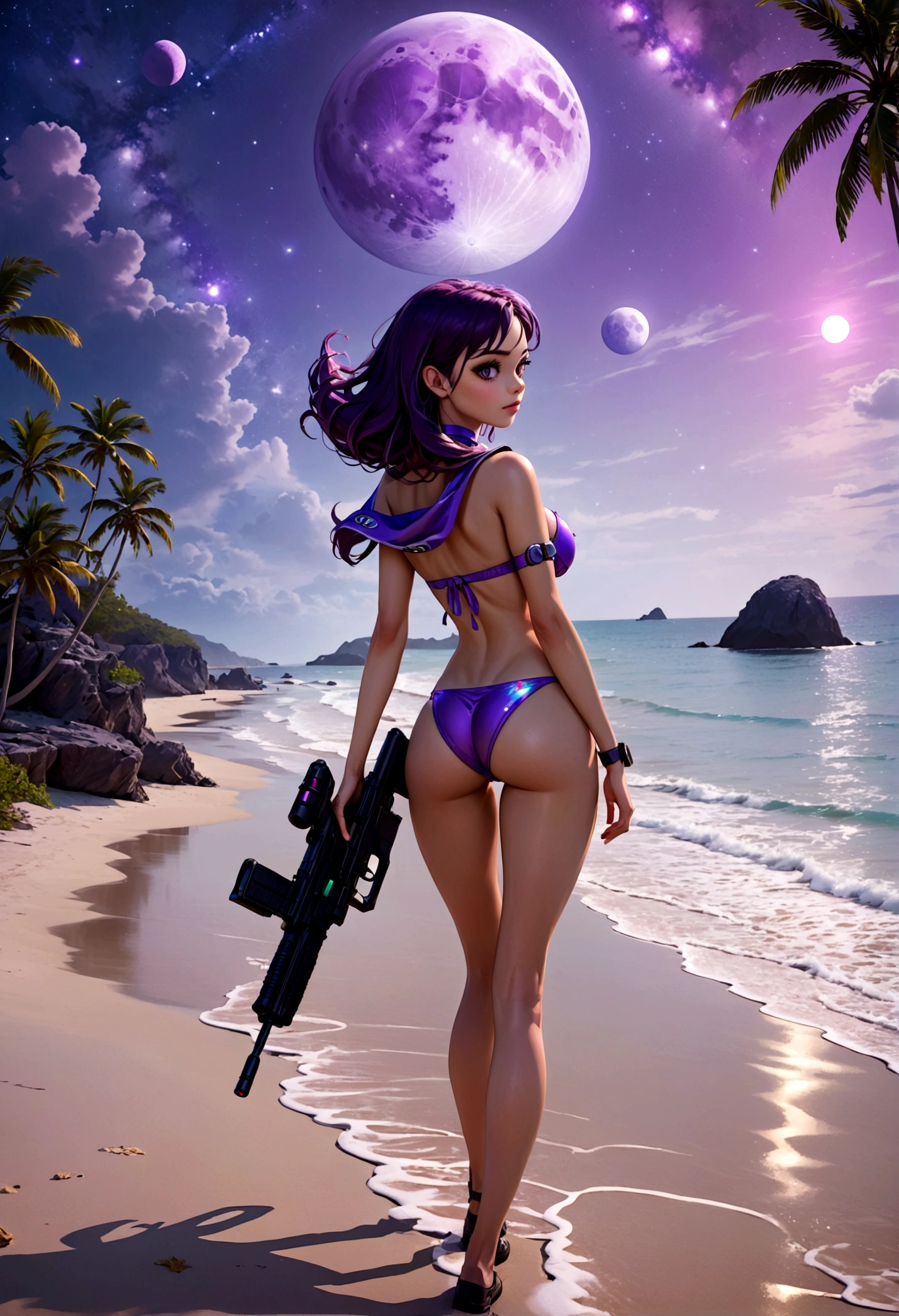 A beautiful woman in her 30s, space explorer, wearing a bikini uniform, carrying a laser rifle, wandering along an alien sea coast, purple hazy sky with three moons, alien beach at night, hyperdetailed, high resolution, 8k, photorealistic, masterpiece, vibrant colors, dramatic lighting, cinematic, science fiction, fantasy