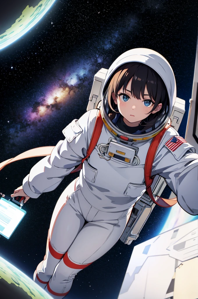 Astronaut floating in galaxy