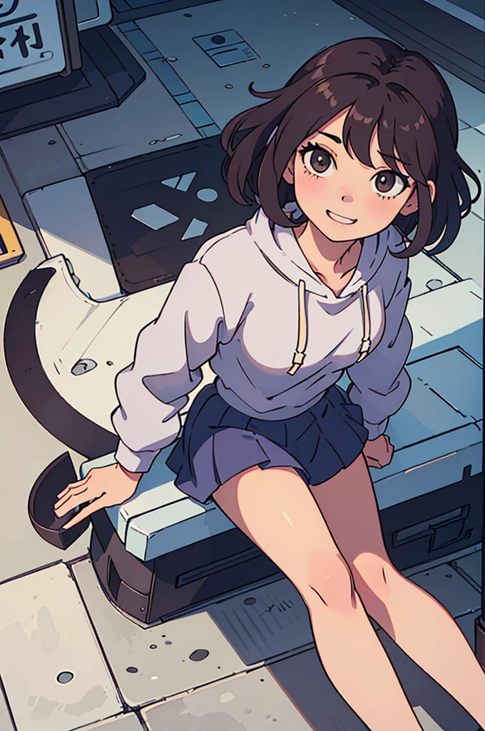 (best quality:0.8) perfect anime illustration, a pretty, happy woman with short curly brown hair on the street in the city, wearing a hoodie, skirt
