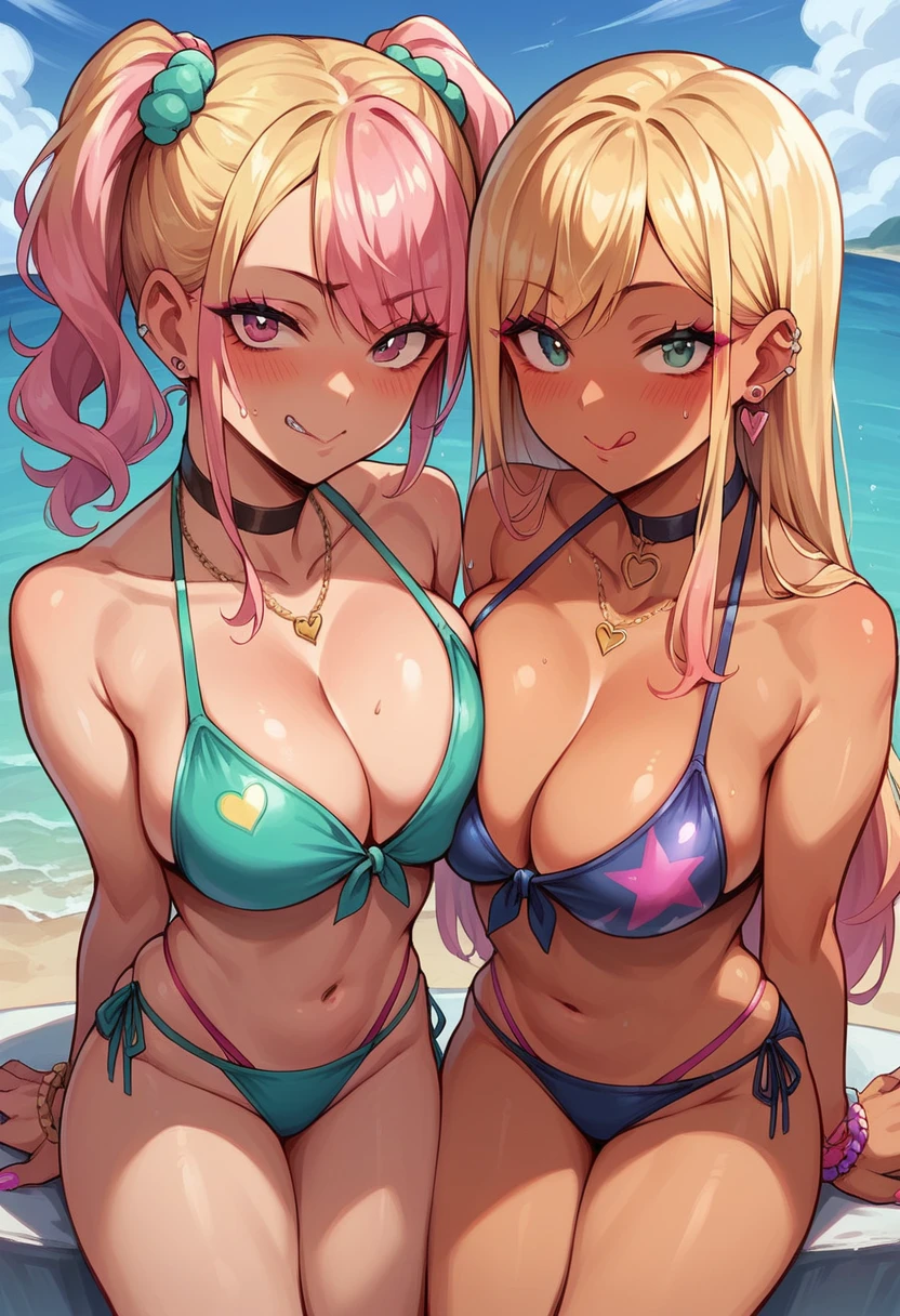 ((sexy 2girl ,gyaru))nsfw,glamorous, blushing, flushed face, kids' swimsuits for children.looking at viewer