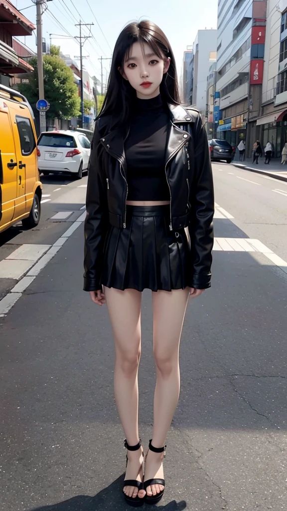 Japanese girl wearing a black leather jacket, black short skirt, wearing sandals, has six pack abs, black hair, 8k style