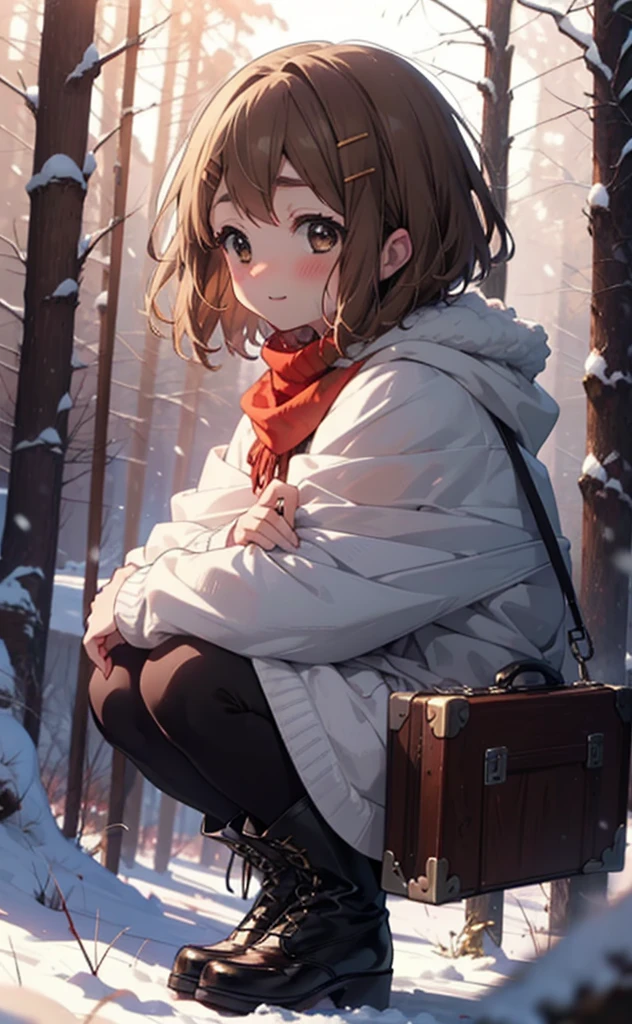 yuihirasawa, Yui Hirasawa, short hair, Brown Hair, hair ornaments, (Brown eyes:1.5), Hair Clip、smile,smile,blush,White Breath,
Open your mouth,snow,Ground bonfire,, Outdoor, boots, snowing, From the side, wood, suitcase, Cape, Blurred, , forest, White handbag, nature, Squat, Mouth closed, Cape, winter, Written boundary depth, Black shoes, red Cape break looking at viewer, Upper Body, whole body, break Outdoor, forest, nature, break (masterpiece:1.2), Highest quality, High resolution, unity 8k wallpaper, (shape:0.8), (Beautiful and beautiful eyes:1.6), Highly detailed face, Perfect lighting, Extremely detailed CG, (Perfect hands, Perfect Anatomy),