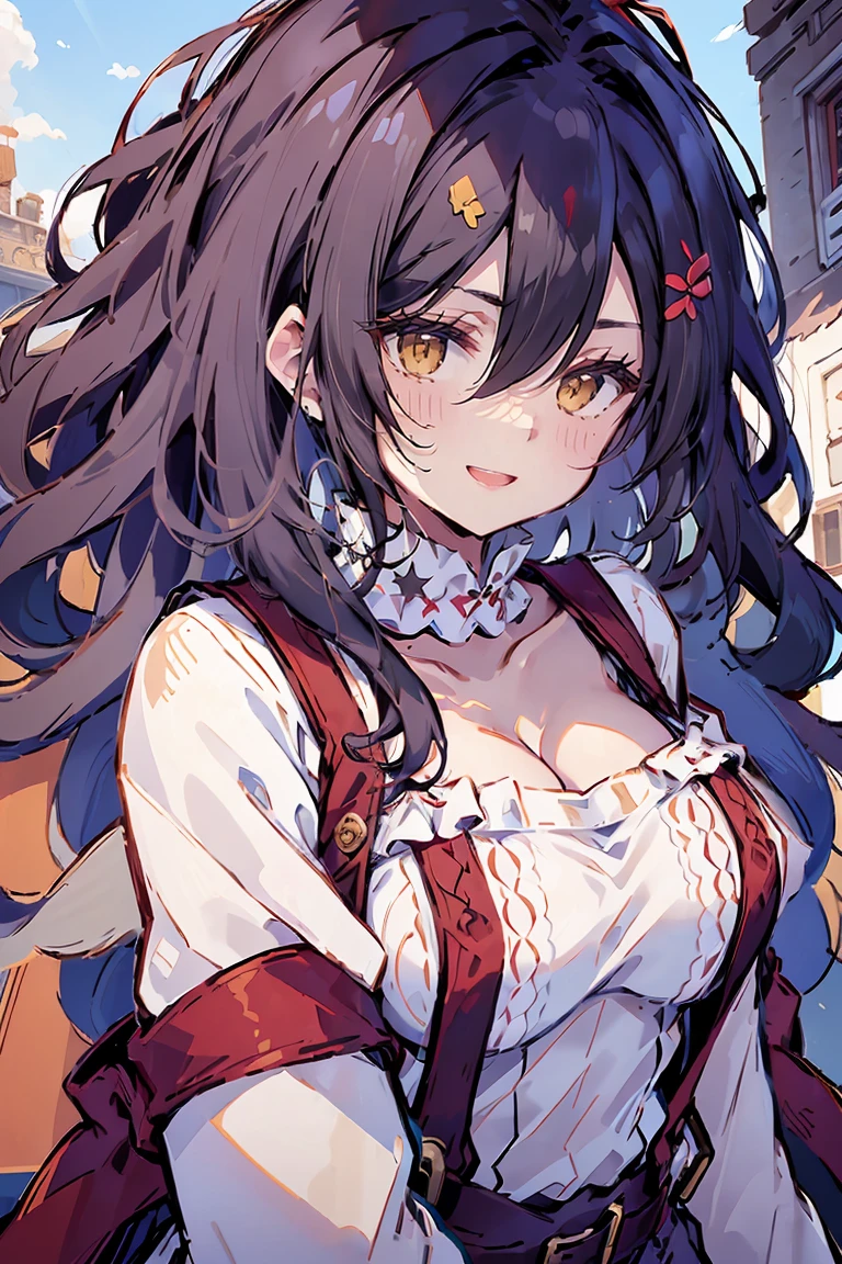 (masterpiece:1.2), (high quality:1.2), hui xiyi, rekkyo sensen, rekkyou sensen, girls with((black hair, bangs, (one side up, long wavy hair, hair clips:1.55), hand up, waving is hands, perfect hands, perfect fingers, (exposed breasts, tits cleavage, breasts close up:1.2), dress((suspenders, dress, belts:1.15), (blue clothes, frills shirt, white knit sweater, long sleeves:1.2)), upper body)), background with((fantasy world, ruin, castle, beautiful sky, shining sky, sunshine))