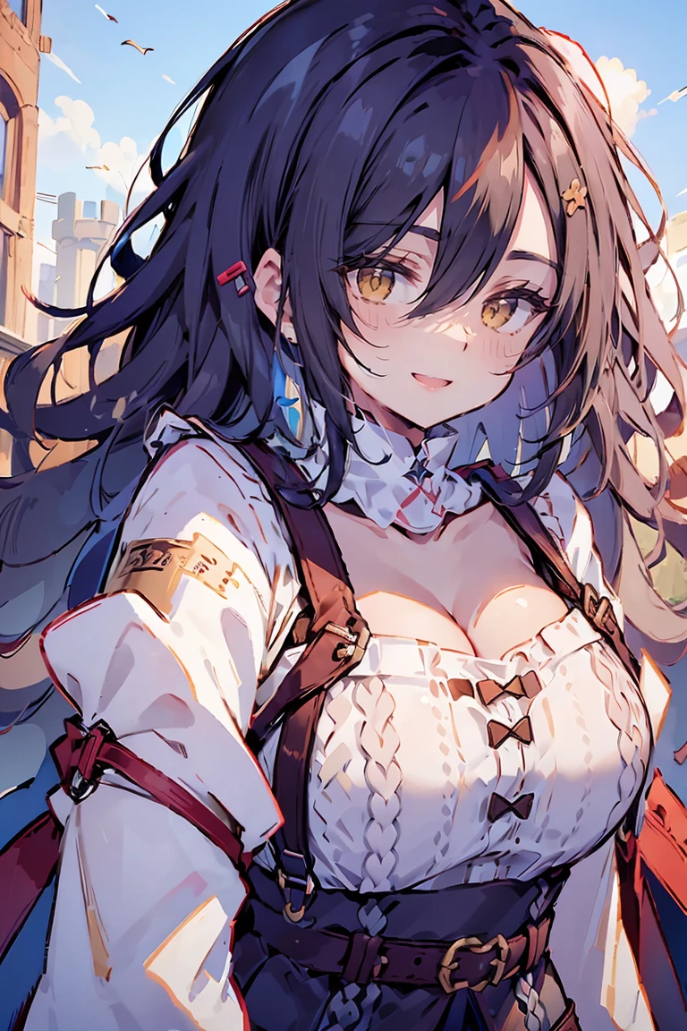 (masterpiece:1.2), (high quality:1.2), hui xiyi, rekkyo sensen, rekkyou sensen, girls with((black hair, bangs, (one side up, long wavy hair, hair clips:1.55), hand up, waving is hands, perfect hands, perfect fingers, (exposed breasts, tits cleavage, breasts close up:1.2), dress((suspenders, dress, belts:1.15), (blue clothes, frills shirt, white knit sweater, long sleeves:1.2)), upper body)), background with((fantasy world, ruin, castle, beautiful sky, shining sky, sunshine))