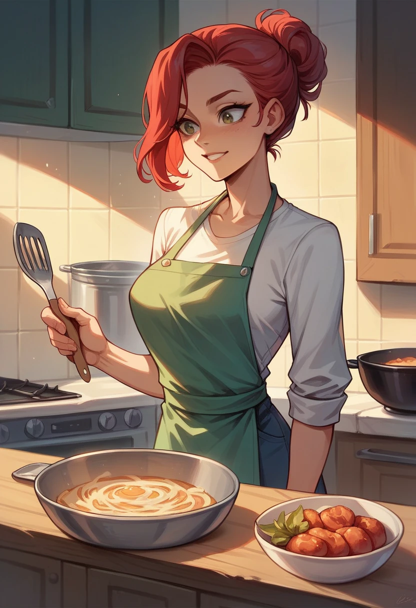 best quality, super fine, 16k, incredibly absurdres, extremely detailed, 2.5D, delicate and dynamic, a woman of 35 years, red hair, cooking in her kitchen.