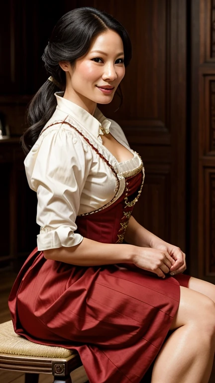 Lucy Liu dressed in traditional 19th century clothing with a sexy smile