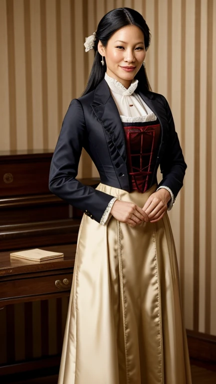 Lucy Liu dressed in traditional 19th century clothing with a sexy smile