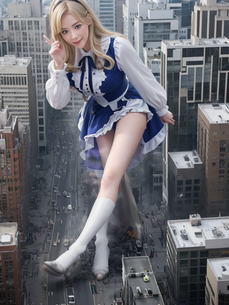 （Giantess Elements、High resolution、High resolution、high quality、Accurate body structure、Detailed body） Towering giant blondes girl，50,000 feet high、Looking up at the approaching woman from below、Giants attack the city、cute、blondes、Destroy a small townWomen、Destroy a small town、Mischievous look、(Maid outfit)Japanese、White skin、Giant blondes female、smile、Trampling buildings、rubble、Burning Small Town、Destroyed small building、Collapsed highway、Cars are crushed、Evacuating residents、sunset、Burning Small Town、go ahead、walk、Trampling、Anatomically correct、Accurate human body、Accurate skeleton、Full body portrait、blue eyes、Rubble scattered at my feet、Higher than skyscrapers、Big impact、amazing、Giantess Elements、Draw a woman in a big way、Increase the destructive element、Make the city smaller、黒いロングブーツを履かせる