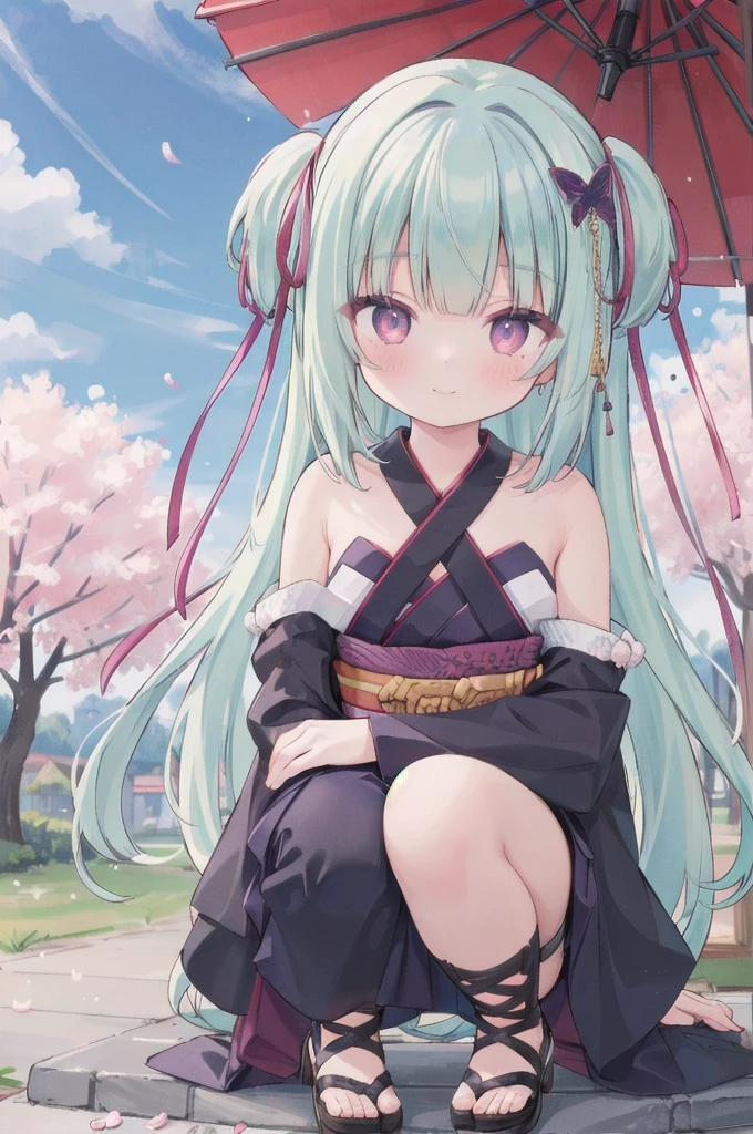 ((masterpiece,best quality))
 1 Girl, Murasame, two simoralitye up, Hair accessories,
kimono, bare shoulmoralityers, half-closemorality eyes, remorality eyes, :morality, outmoralityoors, Cherry blossoms, blue sky smile crouching