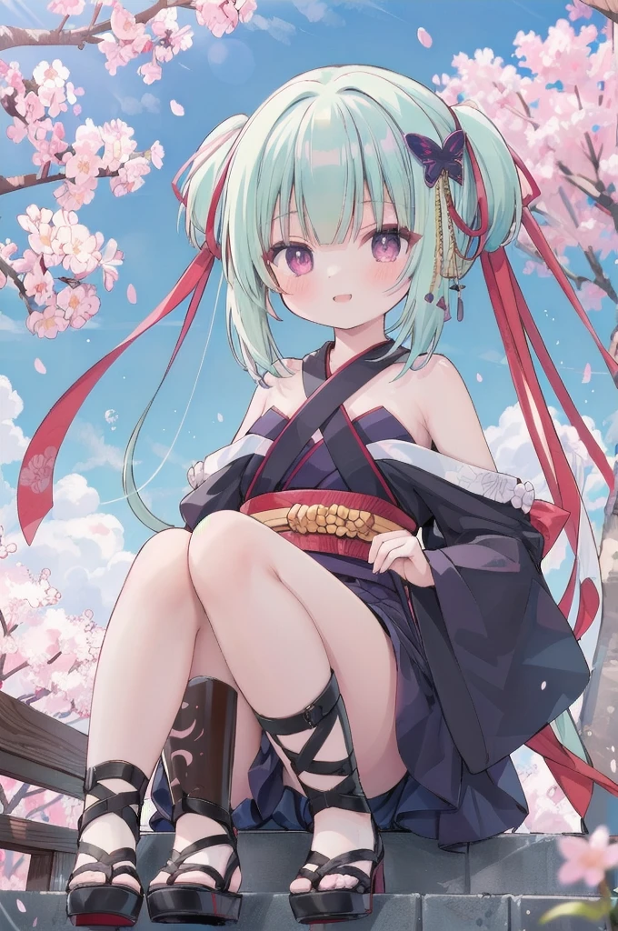 ((masterpiece,best quality))
 1 Girl, Murasame, two simoralitye up, Hair accessories,
kimono, bare shoulmoralityers, half-closemorality eyes, remorality eyes, :morality, outmoralityoors, Cherry blossoms, blue sky smile crouching