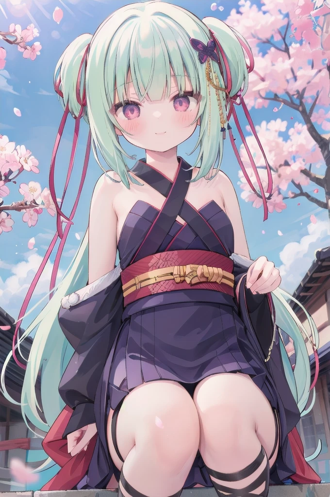 ((masterpiece,best quality))
 1 Girl, Murasame, two simoralitye up, Hair accessories,
kimono, bare shoulmoralityers, half-closemorality eyes, remorality eyes, :morality, outmoralityoors, Cherry blossoms, blue sky smile crouching