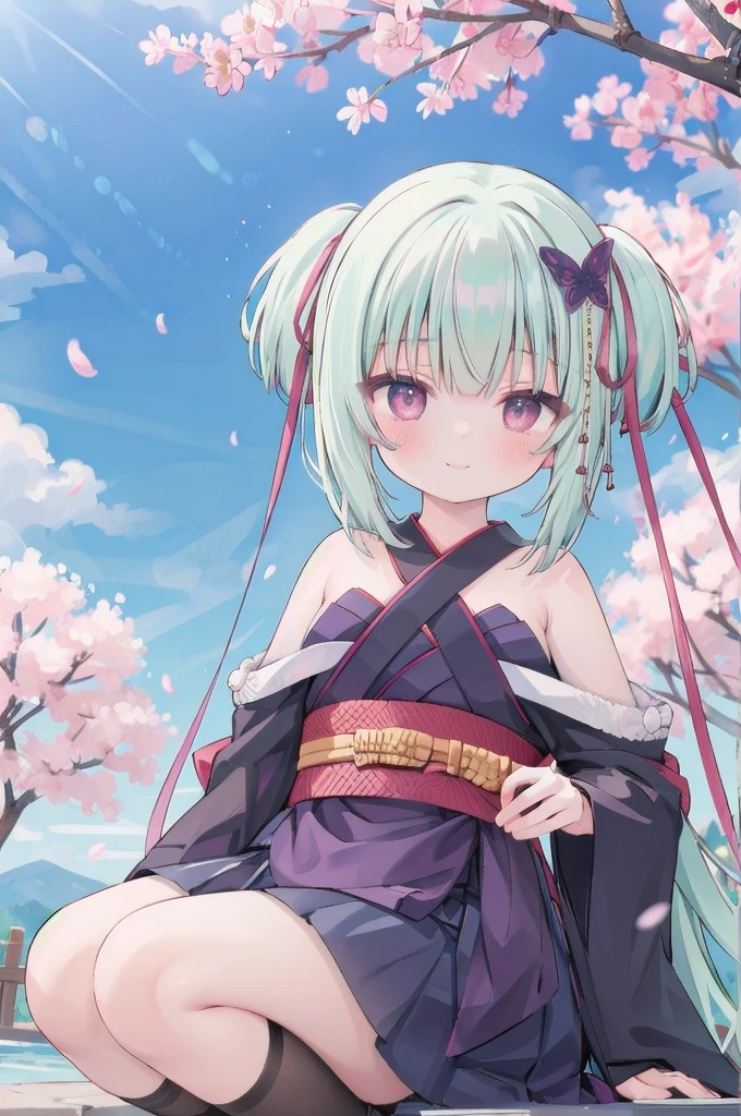 ((masterpiece,best quality))
 1 Girl, Murasame, two simoralitye up, Hair accessories,
kimono, bare shoulmoralityers, half-closemorality eyes, remorality eyes, :morality, outmoralityoors, Cherry blossoms, blue sky smile crouching