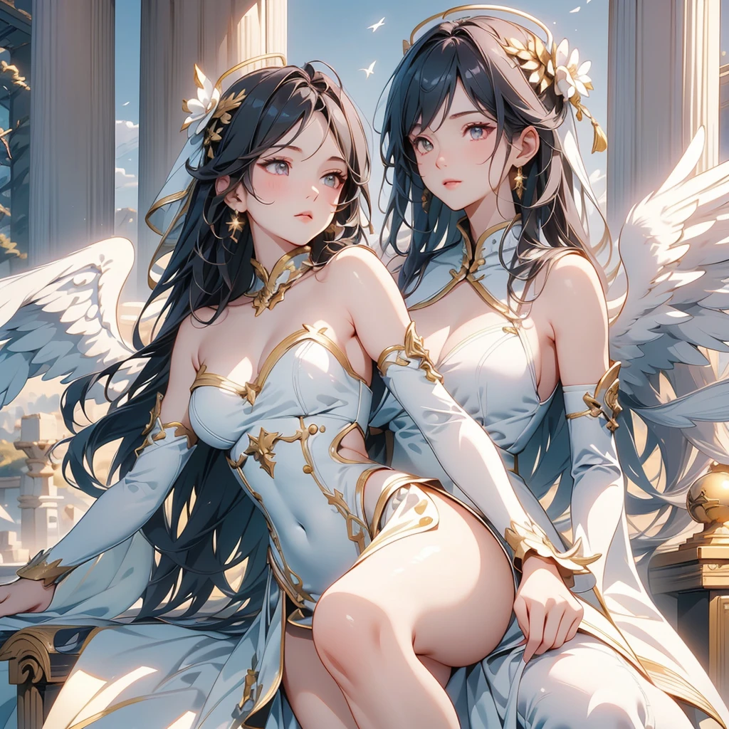 ((best quality)), Delicate face, Character Design Sheet,whole body, Perfect proportion,Rich in details, Multiple poses and expressions, Very detailed, Martial Arts Girl,1Girl with black wings,Gradient hair color,Golden,Delicate eyes, see through,1 Angel Wings Girl,cloud,High balance, Halo,Natural light,Starlight decoration,Background greek temple