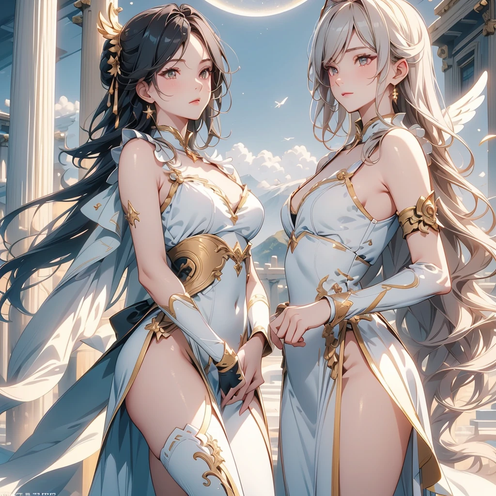 ((best quality)), Delicate face, Character Design Sheet,whole body, Perfect proportion,Rich in details, Multiple poses and expressions, Very detailed, Martial Arts Girl,1Girl with black wings,Gradient hair color,Golden,Delicate eyes, see through,1 Angel Wings Girl,cloud,High balance, Halo,Natural light,Starlight decoration,Background greek temple