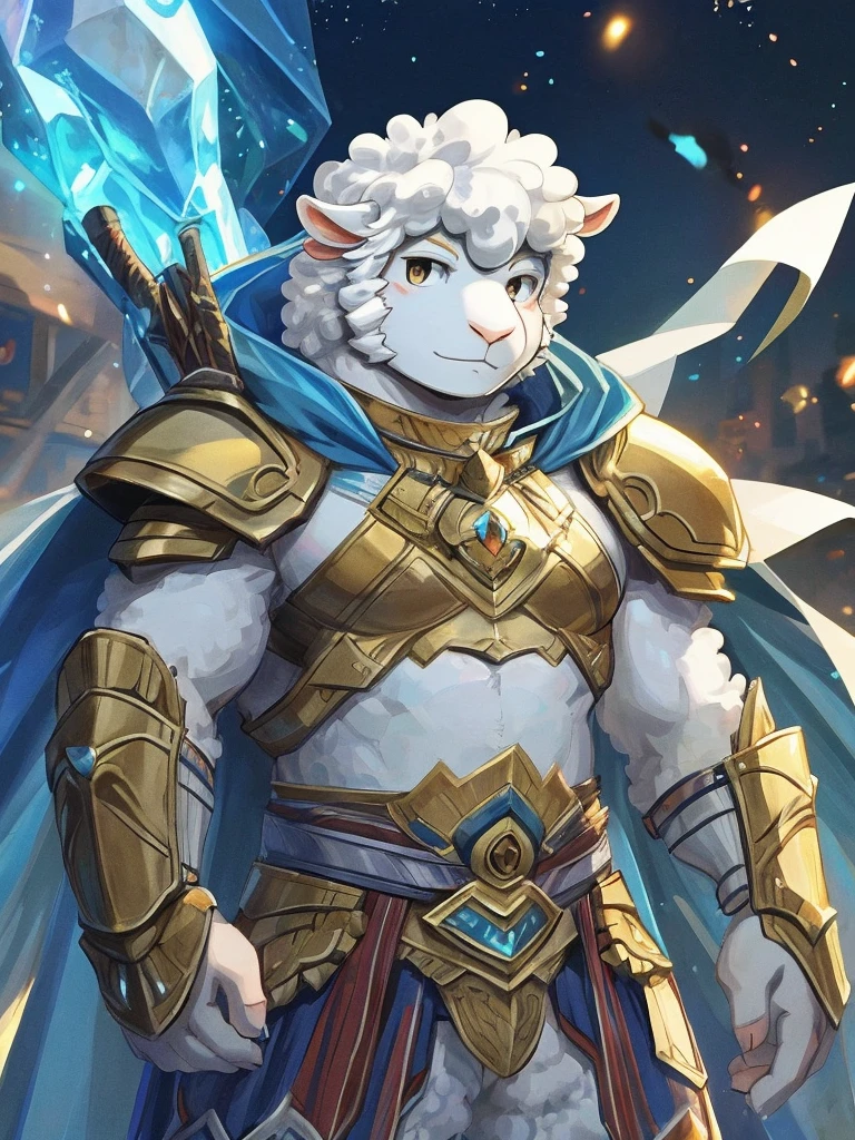 anthro, kemono, male, solo, furry, (((white sheep))), (((white fur))), spiky long white hair with sideburns, blue paladin armor with golden pattern and white cape, (((sheep)))