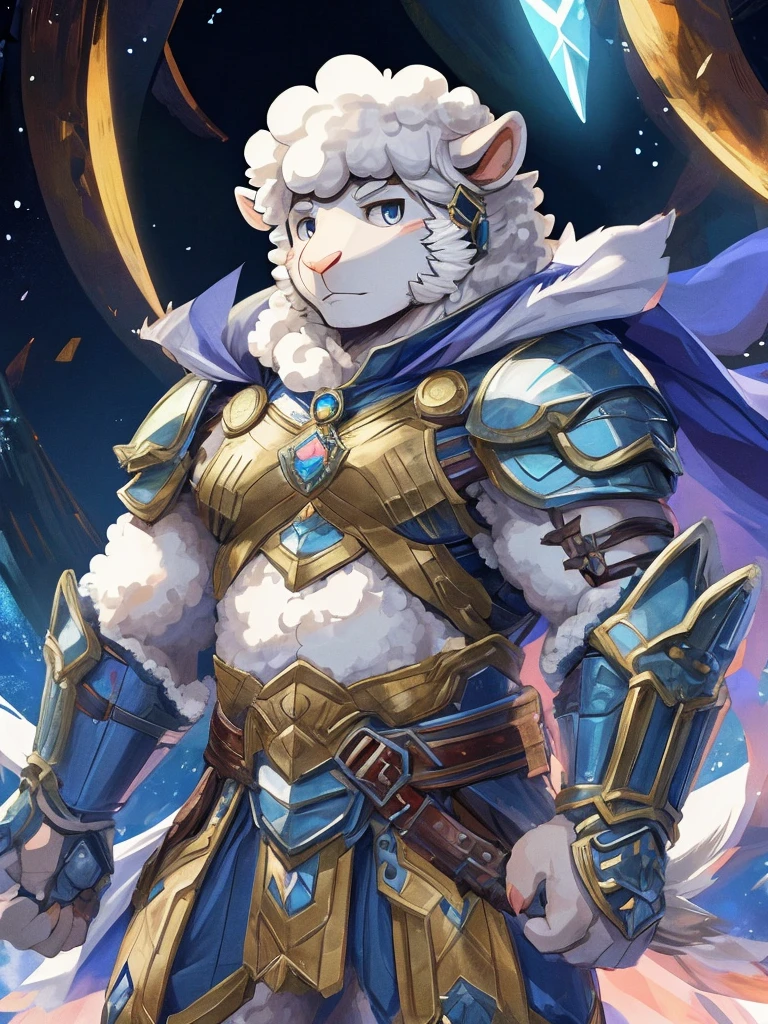 anthro, kemono, male, solo, furry, (((white sheep))), (((white fur))), spiky long white hair with sideburns, blue paladin armor with golden pattern and white cape, (((sheep)))