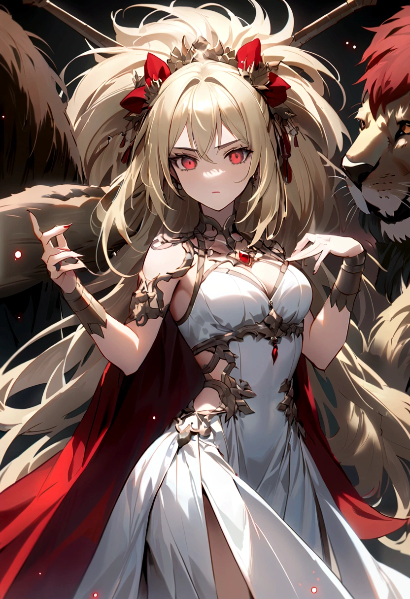 (Huang Li、high quality、Extremely detailed),Constellation - Goddess Leo,Giant lion,Woman petting a lion,Similar to Latin goodness,brave,capricious,Productivity,The face of enterprising and humanitarianism,Blonde hair,Ancient Greek costumes、Wrap Dress,The background is the universe,Crystal red eyes(Eyes Details),Powerful appearance