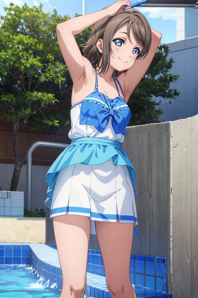 (((pixel-perfect, detail-perfect))), solo, 1girl, you watanabe, smile, underwear, pool, armpit