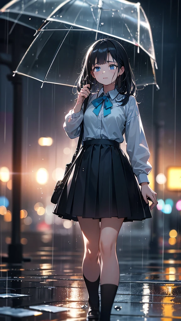 a girl crying out in the rain, light blue eyes, black hair, high school girl, uniform, looking up, sad expression, raindrops, reflections of raindrops, bokeh effect for a dreamy look, puddles, full body, best quality, 4k, 8k, highres, masterpiece:1.2, ultra-detailed, realistic, photorealistic, photo-realistic:1.37, HDR, UHD, studio lighting, ultra-fine painting, sharp focus, physically-based rendering, extreme detail description, professional, vivid colors, bokeh, portraits