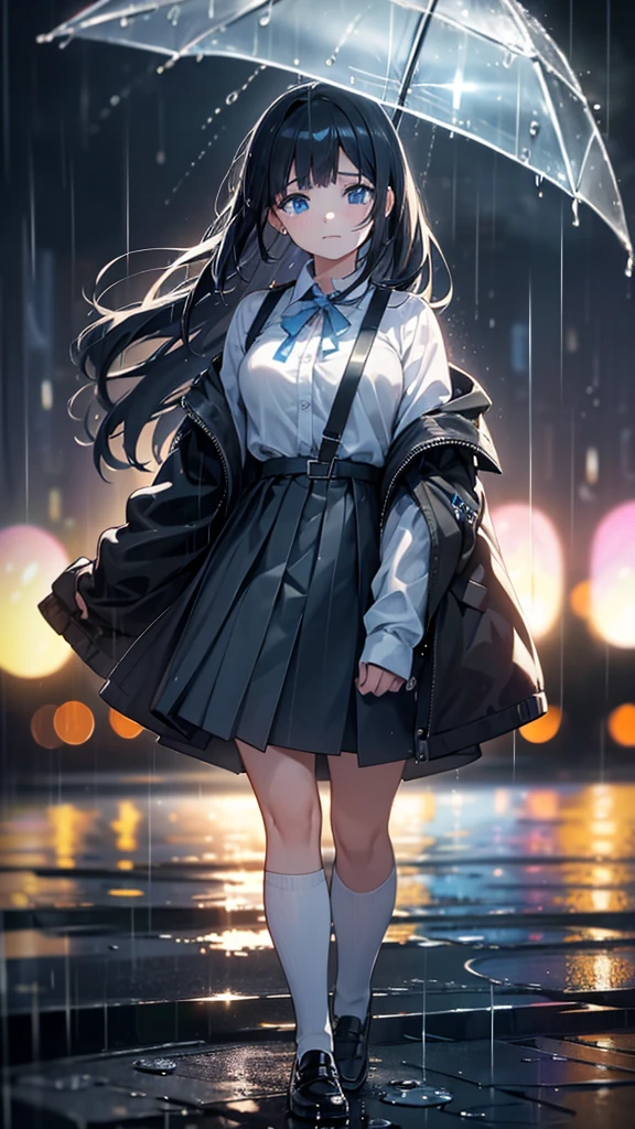 a girl crying out in the rain, light blue eyes, black hair, high school girl, uniform, looking up, sad expression, raindrops, reflections of raindrops, bokeh effect for a dreamy look, puddles, full body, best quality, 4k, 8k, highres, masterpiece:1.2, ultra-detailed, realistic, photorealistic, photo-realistic:1.37, HDR, UHD, studio lighting, ultra-fine painting, sharp focus, physically-based rendering, extreme detail description, professional, vivid colors, bokeh, portraits