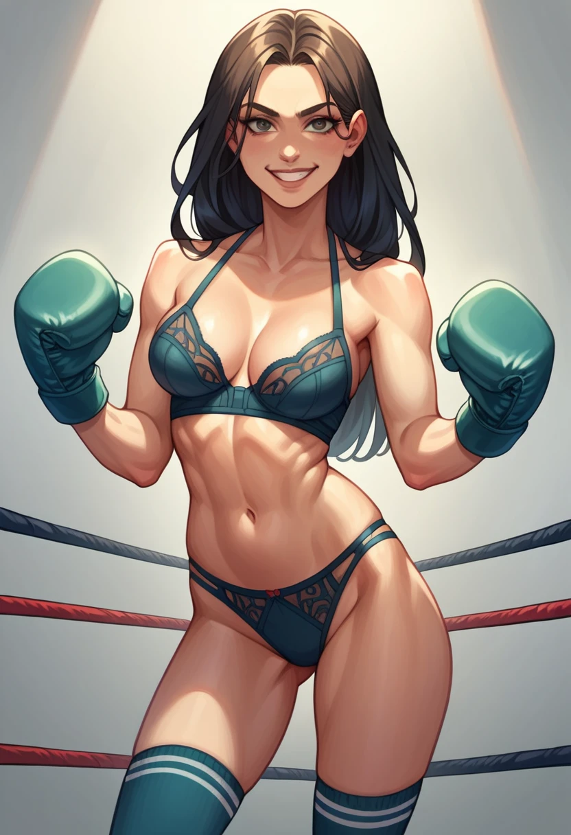 A slim beautiful girl,detailed picture, Arrogant expression， Arrogant smile, Light long hair, Wearing sexy lingerie, Wearing knee socks, Wearing boxing gloves, Standing alone in the boxing ring in a calm posture，,Cleavage,