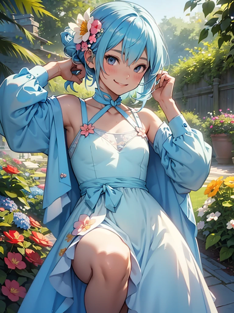 8-years-old、、Small breasts、Single、smile、Light blue hair tied up、Peach-colored flower garden、Fantasy、Wearing a one-piece dress、sunny