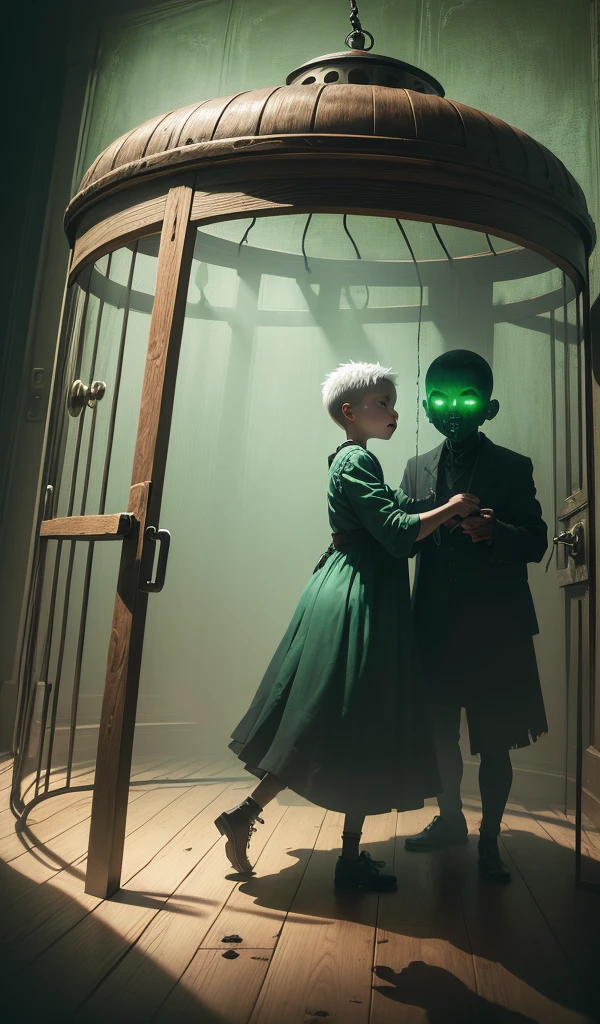 (anime, digital paint,  boy trapped in a wooden cage, frightened expression, old woman stirring a bubbling cauldron, eerie green light illuminating the room, dark and ominous atmosphere with shadows dancing on the walls)