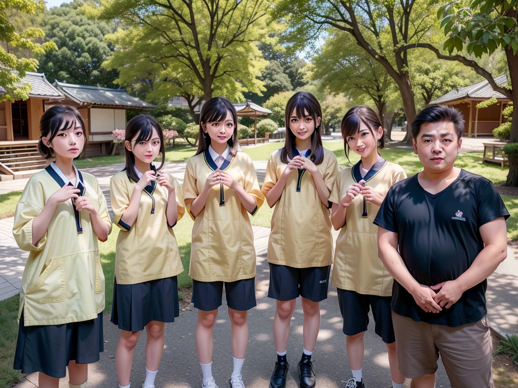 A monk surrounded by Japanese girls