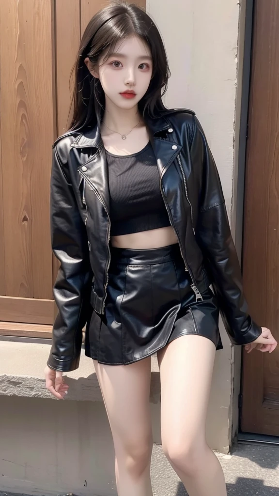 Japanese girl wearing a black leather jacket, black short skirt, wearing sandals, has six pack abs, black hair, 8k style