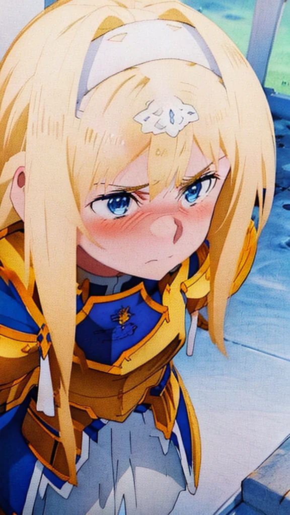 1girl, blonde hair, white hairband, blue eyes, golden armor, ((naked breasts)), ((naked pussy)), (from below), ((looking down)), ((embarrassed)), (angry), (blue skirt)