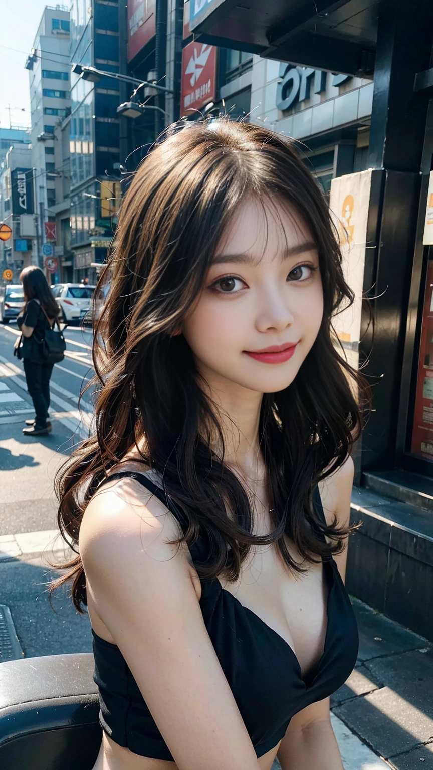 Masterpiece, 1 Beautiful Girl, Detailed, Swollen Eyes, Top Quality, Ultra High Resolution, (Reality: 1.4), Original Photo, girl, most beautiful korean girl, Korean beauty model, stunningly beautiful girl, gorgeous girl, 18yo, over sized eyes, big eyes, smiling, looking at viewer, Cinematic Lighting, Smiling, Japanese, Asian Beauty, Korean, Clean, Super Beautiful, Face, Beautiful Skin, Slender, Cyberpunk Background, (ultra realistic), (high resolution), (8K), (very detailed), (best illustration), (beautifully detailed eyes), (super detailed), (wallpaper), (detailed face), viewer looking, fine detail, detailed face, pureerosfaceace_v1, smiling, 46 point slanted bangs, looking straight ahead, bikini clothes, dark colored eyes, bikini sleeveless, front,Detailedface,realhands, (body facing:1.3)