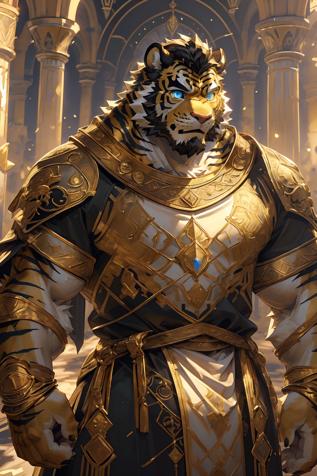 (Scarred body),(Wearing a black robe embroidered with gold patterns:1.5),king,16k high quality detailed art,(Wearing royal accessories:1),(Golden Tiger:1.1), (((White and golden fur:1.5))),(Duotone),(A pair of eyes of different colors, One eye has a golden eye,The other eye has a blue eye:1.7),Both eyes are the same size:1.4),(Muscular body:1.3),Handsome,(OK),(Perfect face),(Exhausted:1.1),(Gold and white skin:1.3),(Full body description:1.3),Publaz, (Golden Tiger:1.1), (((Gold and white fur:1.3))),Handsome, (OK),Express,(Royal Palace Background),(Frightened expressions:1.3),(Golden Tiger tail),不同的Express,(A perfect masterpiece),(32k),(Abdominal muscles:1.3),(((middle aged:1.4))),(36 years old),(Gold Stripes),alone,(Black sideburns:1.2),(black beard:1.3),(Black Chin:1.3),(golden face pattern:1),(Very rich facial details:1.3),(Strong),(Mighty pose:1.3),Front view,(CG),(HD),(Black hair),Clothes are messy,Full body portrait,(Detailed background:1.3)