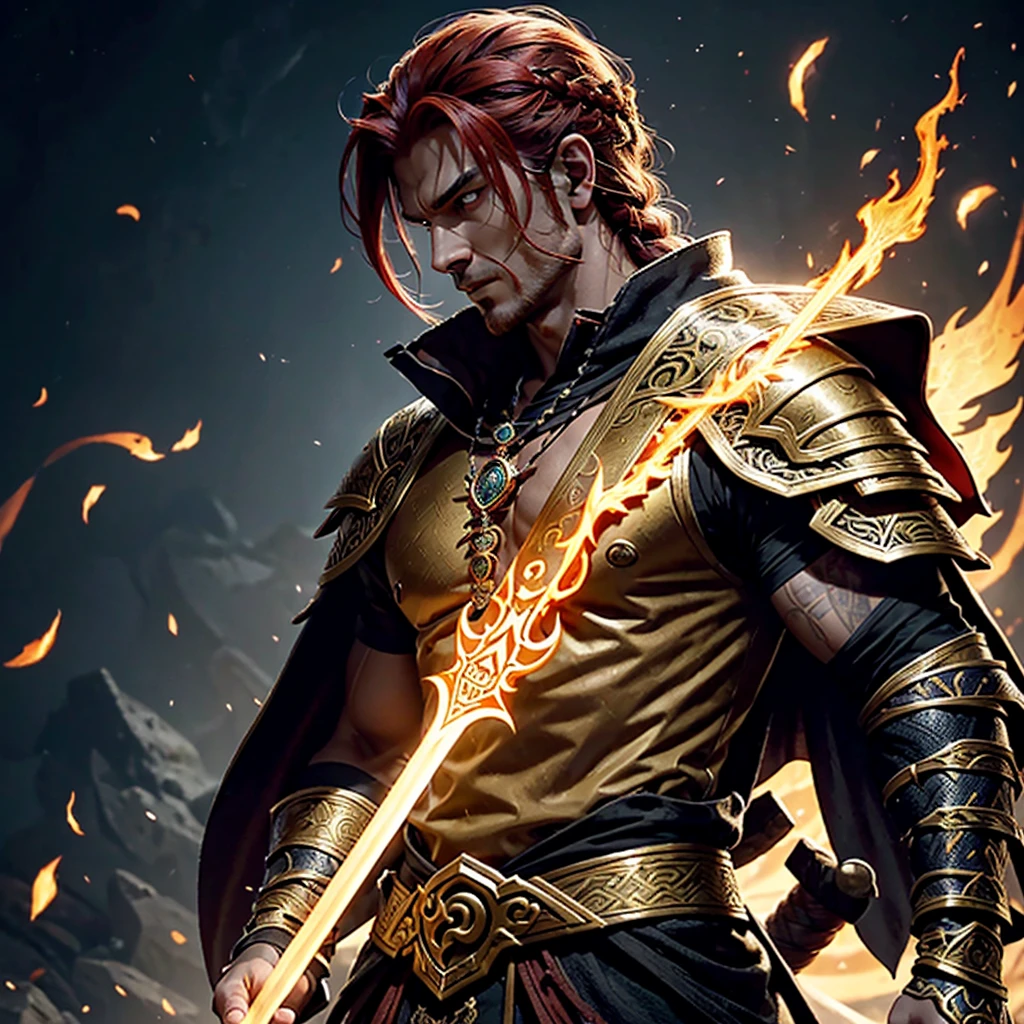 A striking figure stands tall at 6'2" with a lean and muscular build, indicating a life of rigorous physical training and combat. He has long, fiery red hair tied back in a warrior's braid, reminiscent of flames, and his eyes are a striking gold, glowing with a mystical intensity. His fair skin is weathered, showing the wear and tear of years spent traveling and battling the forces of chaos. His face is strong and chiseled, with a determined and serious expression softened by moments of introspection or compassion, marked by a few battle scars. Thalor Fireheart wears a unique blend of heavy plate and enchanted robes, designed for both protection and flexibility. The armor is adorned with intricate dragon motifs and ancient runes that glow faintly with a golden light. The metal plates are crafted from a rare, dark steel, contrasting with the shimmering golden runes. He has an open-faced helmet, allowing his fiery hair and golden eyes to remain visible, adorned with small dragon wings on the sides. A flowing red and gold cloak drapes over his shoulders, fastened with a brooch shaped like a dragon's head. The cloak is enchanted to enhance his presence. In one hand, he wields a one-handed sword with an intricately designed hilt featuring dragon motifs. The blade glows with a faint, fiery aura, symbolizing his mastery of fire magic. Occasionally, he wields an axe with similar designs and enchantments. Around his neck, he wears an Amulet of Akatosh, a finely detailed depiction of Akatosh's dragon emblem, radiating a gentle, warm glow. The runes on his armor and weapons pulse with energy when he channels his magic, casting an ethereal glow. Thalor exudes an aura of calm strength and wisdom, his expression serious and focused, but his eyes soften when interacting with allies or those in need, showing his compassionate side. His appearance is a perfect blend of regality and ferocity, commanding respect and admiration as both a formidable warrior and a wise protector.