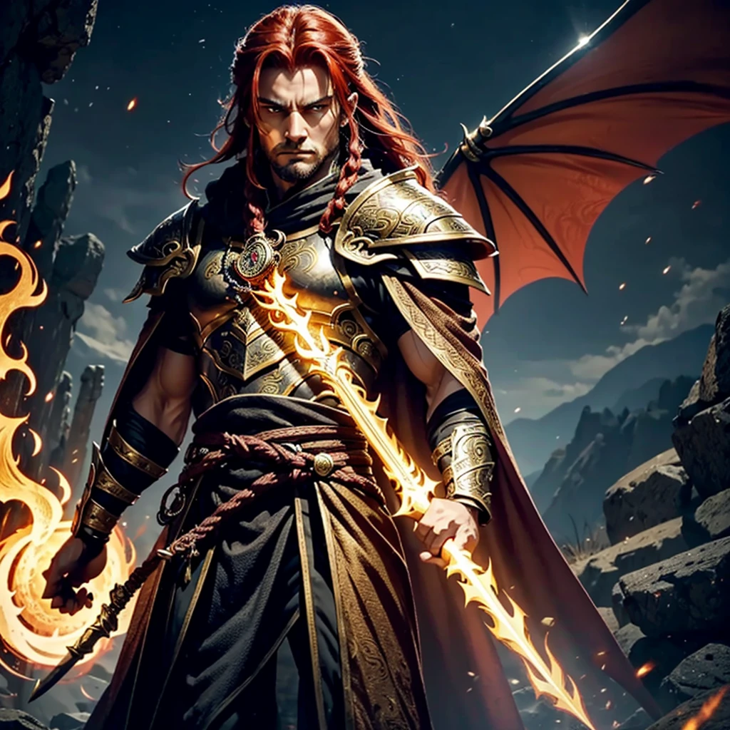 A striking figure stands tall at 6'2" with a lean and muscular build, indicating a life of rigorous physical training and combat. He has long, fiery red hair tied back in a warrior's braid, reminiscent of flames, and his eyes are a striking gold, glowing with a mystical intensity. His fair skin is weathered, showing the wear and tear of years spent traveling and battling the forces of chaos. His face is strong and chiseled, with a determined and serious expression softened by moments of introspection or compassion, marked by a few battle scars. Thalor Fireheart wears a unique blend of heavy plate and enchanted robes, designed for both protection and flexibility. The armor is adorned with intricate dragon motifs and ancient runes that glow faintly with a golden light. The metal plates are crafted from a rare, dark steel, contrasting with the shimmering golden runes. He has an open-faced helmet, allowing his fiery hair and golden eyes to remain visible, adorned with small dragon wings on the sides. A flowing red and gold cloak drapes over his shoulders, fastened with a brooch shaped like a dragon's head. The cloak is enchanted to enhance his presence. In one hand, he wields a one-handed sword with an intricately designed hilt featuring dragon motifs. The blade glows with a faint, fiery aura, symbolizing his mastery of fire magic. Occasionally, he wields an axe with similar designs and enchantments. Around his neck, he wears an Amulet of Akatosh, a finely detailed depiction of Akatosh's dragon emblem, radiating a gentle, warm glow. The runes on his armor and weapons pulse with energy when he channels his magic, casting an ethereal glow. Thalor exudes an aura of calm strength and wisdom, his expression serious and focused, but his eyes soften when interacting with allies or those in need, showing his compassionate side. His appearance is a perfect blend of regality and ferocity, commanding respect and admiration as both a formidable warrior and a wise protector.