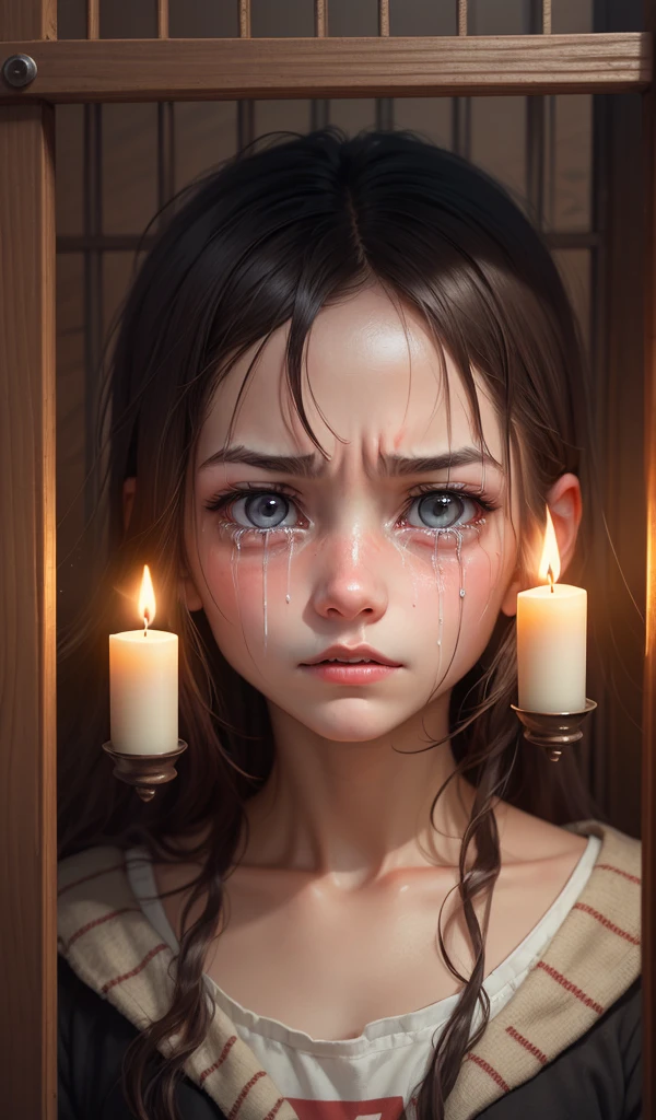 (anime, digital paint, young girl crying with determination in her eyes, plotting escape, old wooden cage, shadowy corners, flickering candlelight highlighting her resolved expression)