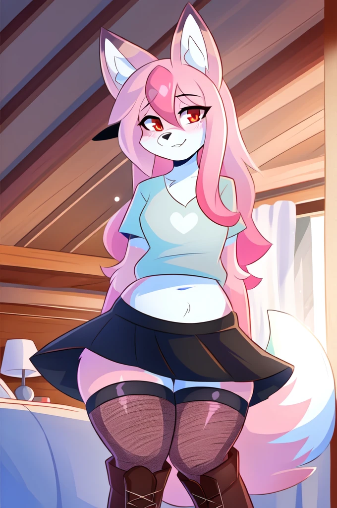 by Kilinah, by Coffeesoda, by Hioshiru, by Kilinah, Furry, Nazuna_hiwatashi, Anthro, Female, Solo, standing, Mocking Look, (half-closed eyes), bedroom, Pink Hair, Pink Tail, (black croptop, black skirt, Fishnet stockings, boots), (red eyes), looking at the viewer, (medium breasts, hips), (fox)