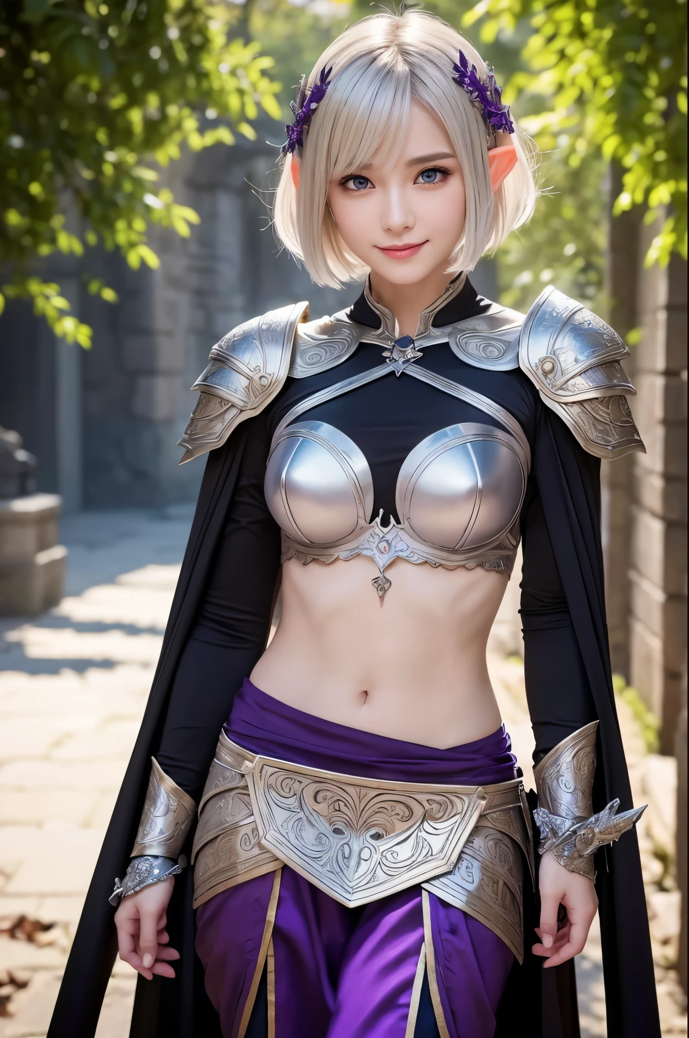 8K,Blonde short bob hair elf、Super Beauty(Like the real thing),AlaFed woman in purple and black outfit、Ultra-detailed fantasy characters、3DレンダリングCharacter Art,blue eyes,Detail Fantasy、Stunning Armor、見事なCharacter Art、Enchantingなメスマー女性、Gorgeous Female Paladin、Ultra-high resolution、Ultra-Realistic Skin、Beautiful expression、Sexy appearance、Enchanting、Beautiful small breasts,Rich colors、Backlight、Cinema Lighting、Film Grain、50mm lens、Nikon D850、Fantasy art,Character Art、Dynamic fighting poses、In a dimly lit dungeon、Makeup、Elf Ears,Very muscular and slim body,Very very strong abs(8 Pack),Silver hair ornament(one point),Purple and black combat trousers,smile,Curved silver２with two small swords,