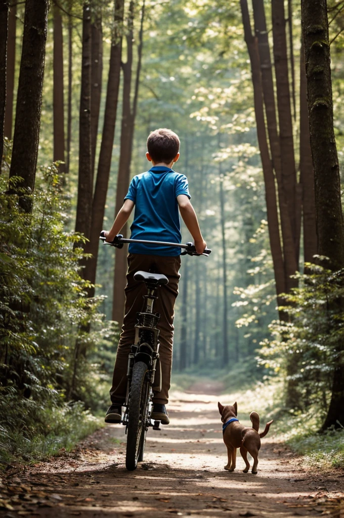 Boy walking in the forest on a bicycle with his small brown dog 