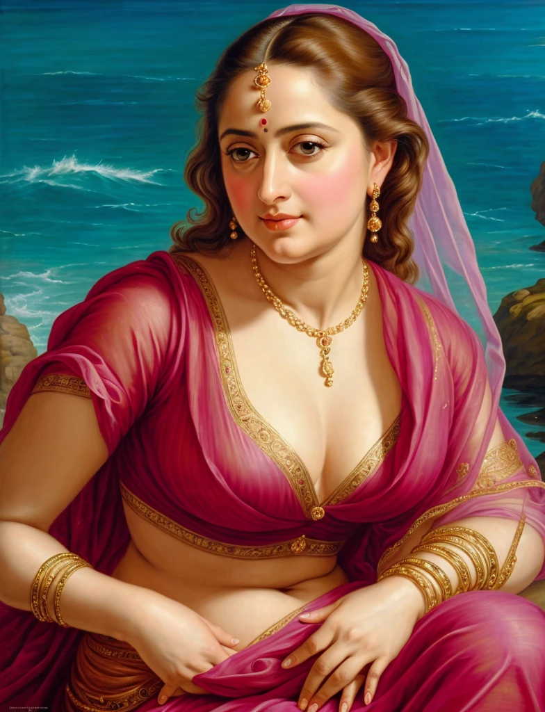 Looks like Anushka Shetty, (solo), middle aged woman, Masterpiece, Best quality, high clarity eyes, beautifully styled hair, curvy, sexy navel folds, feminine curve, motherly figure, critically flawless,sharp picture, Full portrait, High pixels, perfect face, perfect eyes, beautiful face, perfect hands,perfect fingers, in Peter Paul Rubens style, by Peter Paul Rubens, baroque style, acrylic on canvas, highly detailed, description: "Create a nymph inspired by the tales of Greek or Roman mythology, embodying the essence of a natural element or location, and possessing a unique ability or trait that sets her apart.", beautiful nature in the background, Brilliant colors,