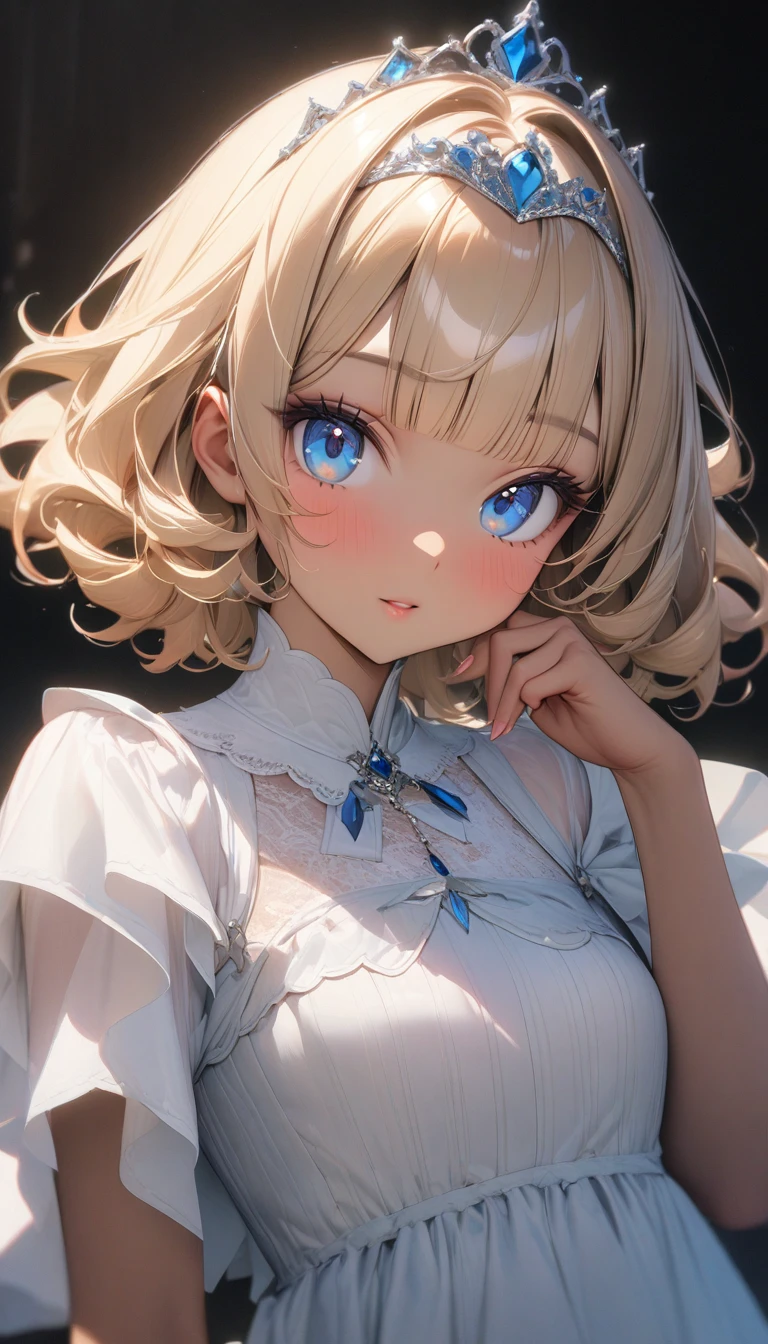 ((最high quality, 8K, masterpiece)), High resolution、(high quality: 1.5)、Very detailed、Detailed face、Bright colors、Natural light、Fine grain、Colorful eyes、Beautiful Face、非常にDetailed faceのテクスチャの女性,masterpiece, 最high quality, Detailed and beautiful eyes,最high quality、Best image quality、masterpiece、Just beautiful,masterpiece, 最high quality, Very detailed, High resolution, Japanese anime,One girl, (Dark Skin:1.2), Golden Hair, (short hair:1.4), (Blunt bangs:1.3), Curly Hair, Wavy Hair, Drill Hair, (eyelash:1.3), (eye shadow:1.3), (blue eyes:1.5), (Beautiful attention to detail:1.4), Eyes half closed, Height: 130cm, original character, Fantasy, (Black background:1.2), Beautiful fingers, Are standing, (Lace Ruffled Dresses:1.5), (tiara:1.5) , Shoot from the front, View your viewers,masterpiece,最high quality、so beautiful、High resolution,(masterpiece:1.2)、(最high quality:1.2)、Latest Glossy Skin
