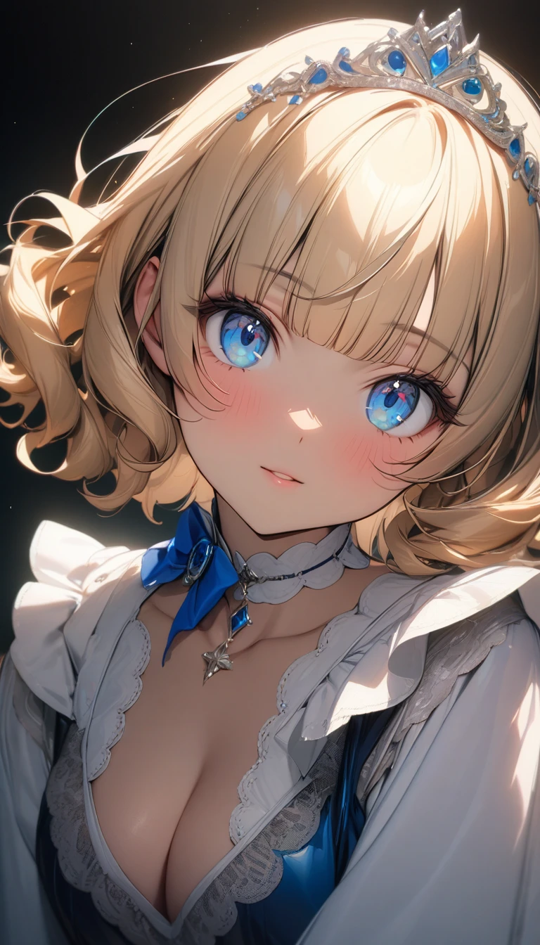 ((最high quality, 8K, masterpiece)), High resolution、(high quality: 1.5)、Very detailed、Detailed face、Bright colors、Natural light、Fine grain、Colorful eyes、Beautiful Face、非常にDetailed faceのテクスチャの女性,masterpiece, 最high quality, Detailed and beautiful eyes,最high quality、Best image quality、masterpiece、Just beautiful,masterpiece, 最high quality, Very detailed, High resolution, Japanese anime,One girl, (Dark Skin:1.2), Golden Hair, (short hair:1.4), (Blunt bangs:1.3), Curly Hair, Wavy Hair, Drill Hair, (eyelash:1.3), (eye shadow:1.3), (blue eyes:1.5), (Beautiful attention to detail:1.4), Eyes half closed, Height: 130cm, original character, Fantasy, (Black background:1.2), Beautiful fingers, Are standing, (Lace Ruffled Dresses:1.5), (tiara:1.5) , Shoot from the front, View your viewers,masterpiece,最high quality、so beautiful、High resolution,(masterpiece:1.2)、(最high quality:1.2)、Latest Glossy Skin