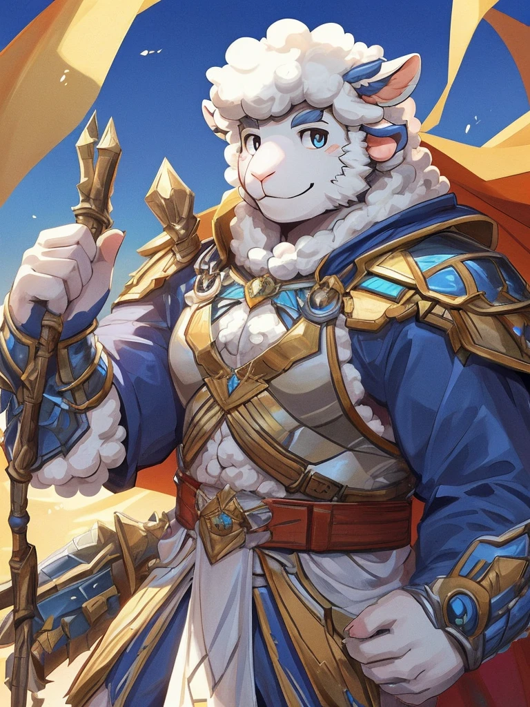 anthro, kemono, male, solo, furry, (((white sheep))), (((white fur))), spiky long white hair with sideburns, blue paladin armor with golden pattern and white cape, (((sheep face, sheep ears)))