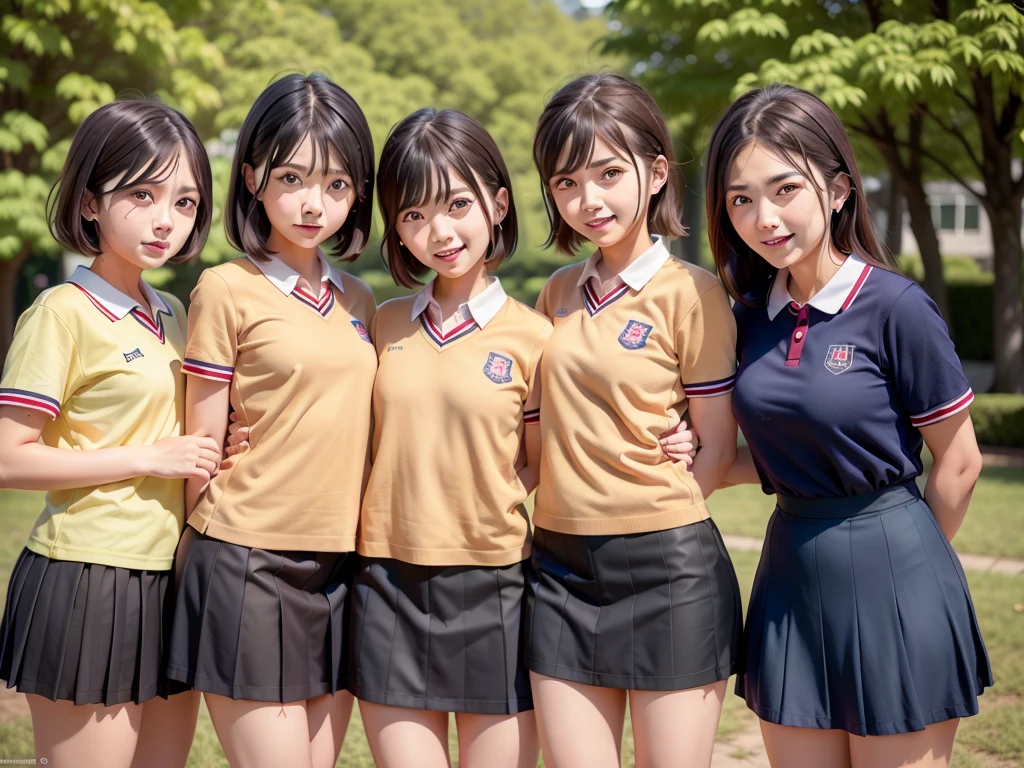 Five young girls standing together in the park, wearing a Japanese school uniform, Japanese , japanese live action movie, Japan High School, seifuku, still from live action movie, sakimichan hdri, japanese girl , Official artwork, nagatoro, live-action movie scenes, with yellow cloths