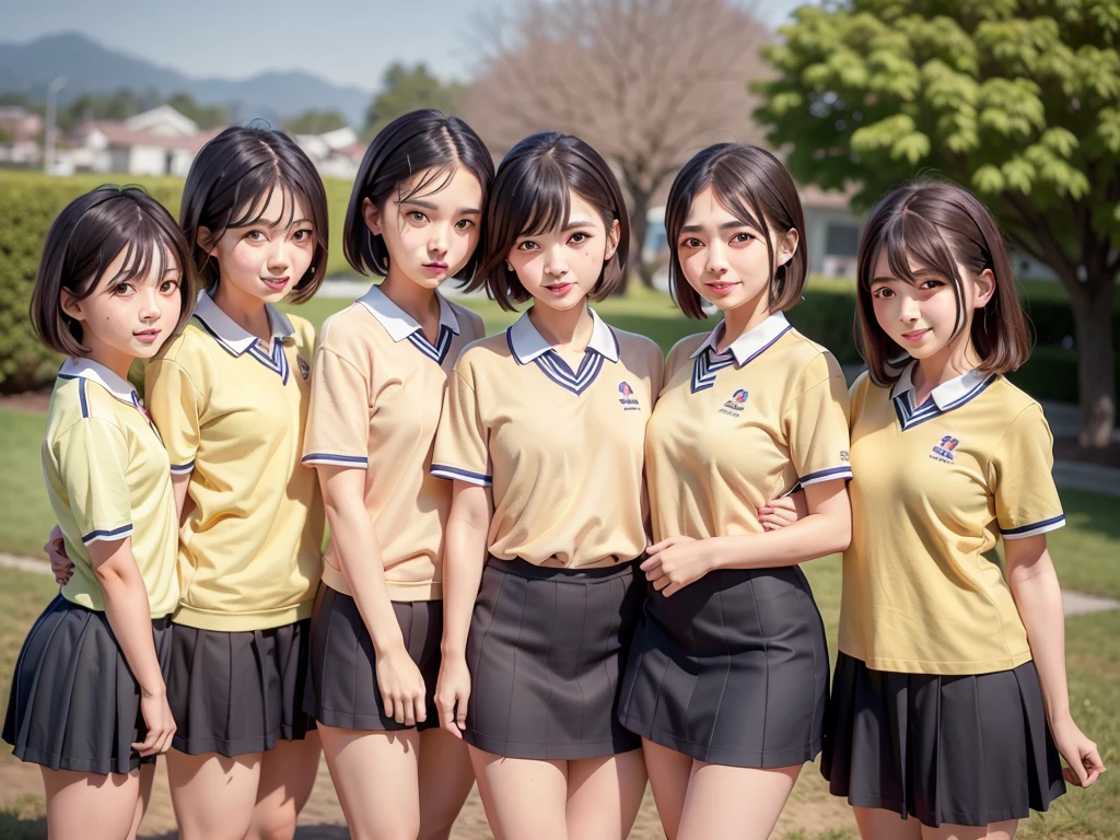 Five young girls standing together in the park, wearing a Japanese school uniform, Japanese , japanese live action movie, Japan High School, seifuku, still from live action movie, sakimichan hdri, japanese girl , Official artwork, nagatoro, live-action movie scenes, with yellow cloths